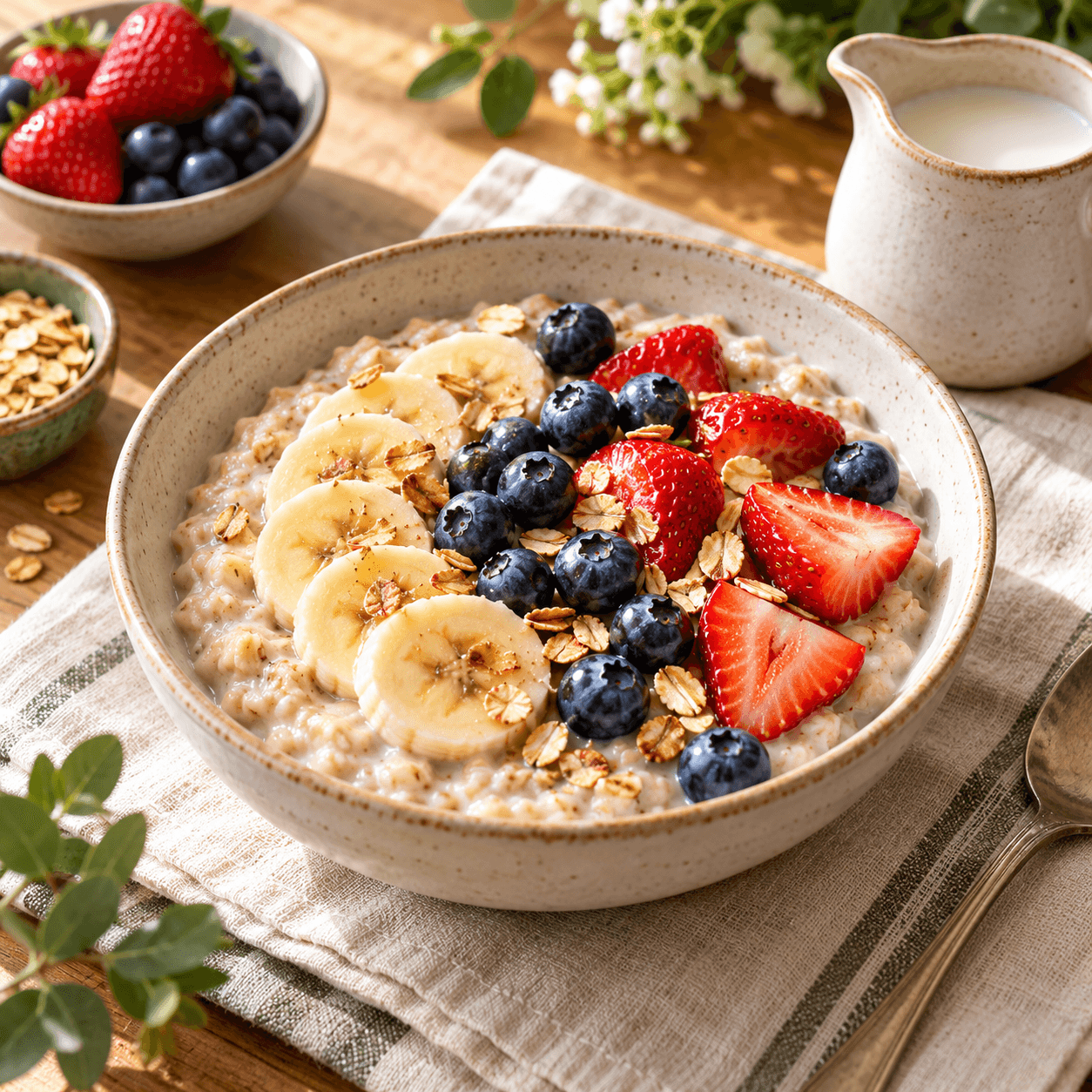 Creamy oatmeal topped with banana, strawberries and blueberries.