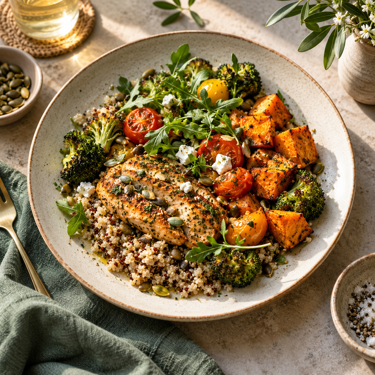 Roasted vegetables, grains and herbs on a ceramic plate.