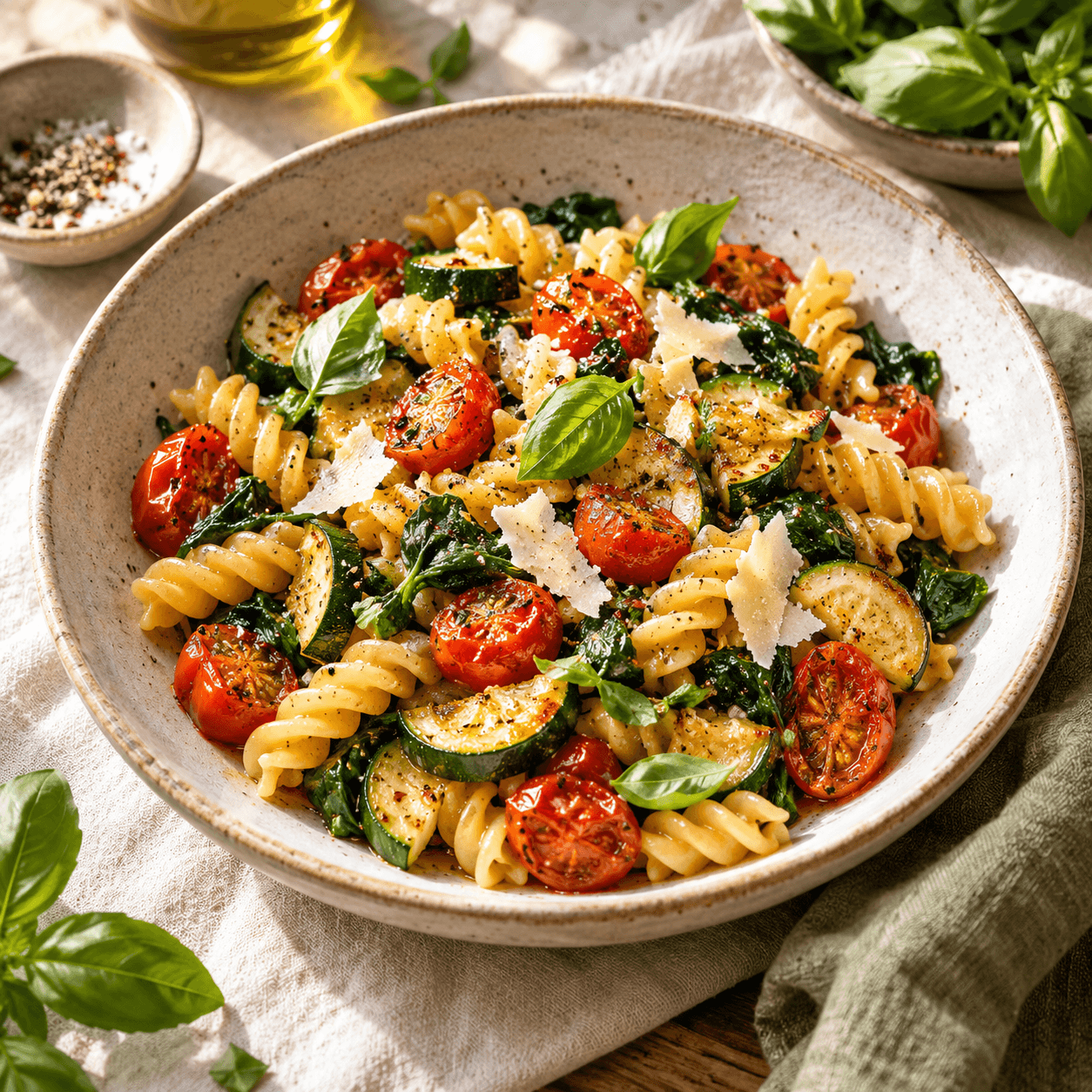 Spiral pasta with roasted tomatoes, courgette, spinach and basil.