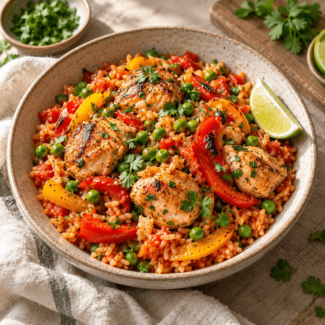 Tomato rice with chicken, colourful peppers, peas and lime.