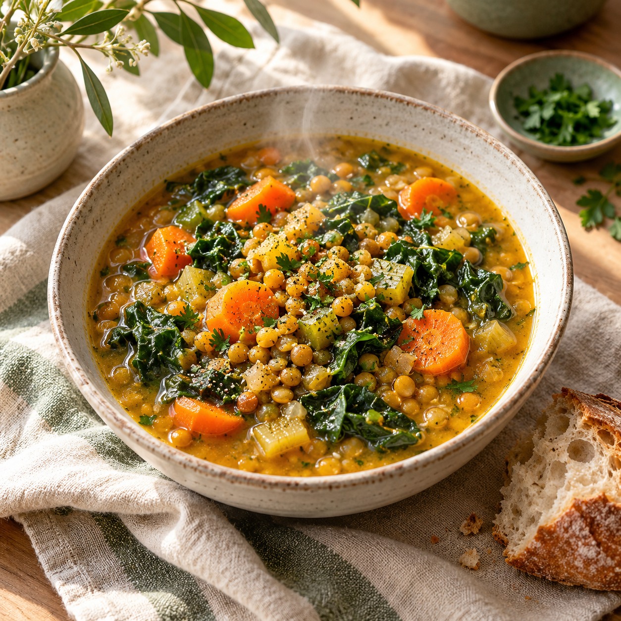 Golden lentil and vegetable stew with carrots, greens and bread.